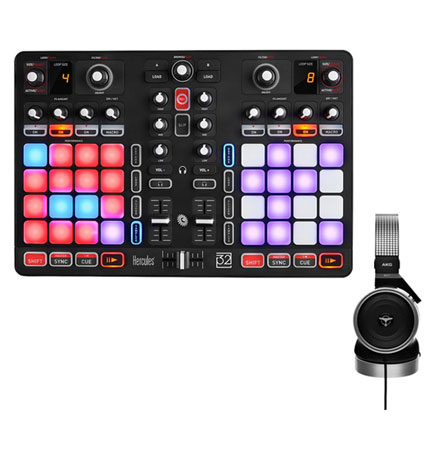 Hercules P32 DJ Controller with High Performance Pads With AKG K67 Headphones