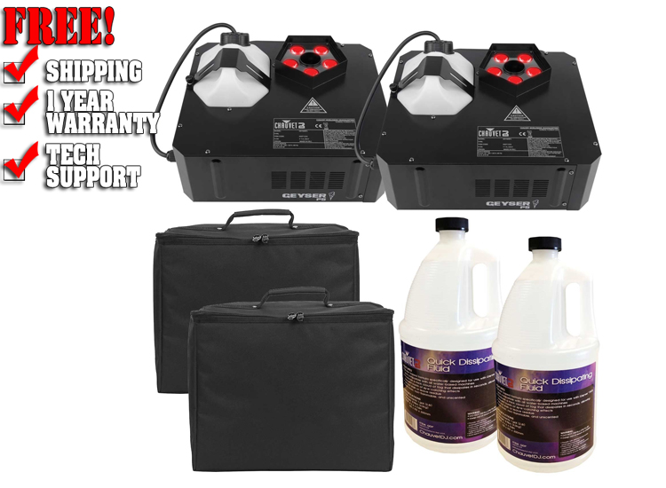 (2) Chauvet DJ Geyser P5 LED Fog Machines with Quick Dissipating Fog Fluid and Padded Carry Cases Package
