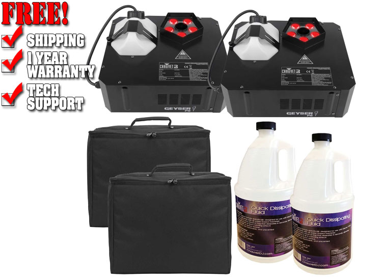 (2) Chauvet DJ Chauvet DJ Geyser P5 LED Fog Machines with Fog Fluid and Padded Carry Cases Package 