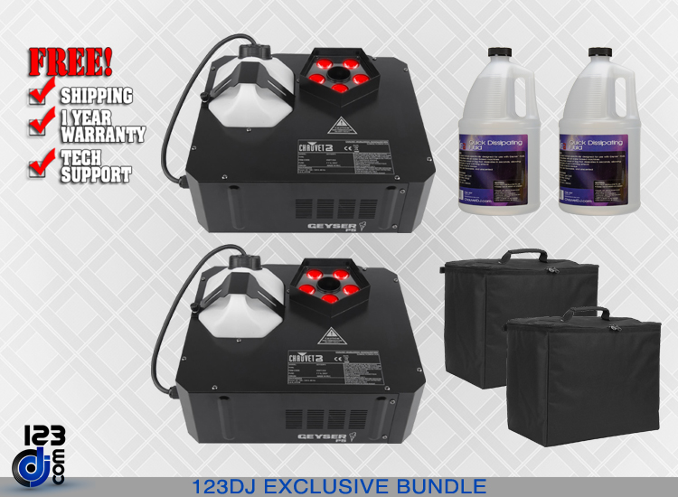 (2) Chauvet DJ Geyser P5 LED Fog Machines with Quick Dissipating Fog Fluid and Padded Carry Cases Package