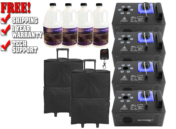 (4) Chauvet DJ Geyser T6 Vertical Fog Machines with Fog Fluid and Carry Cases Package 
