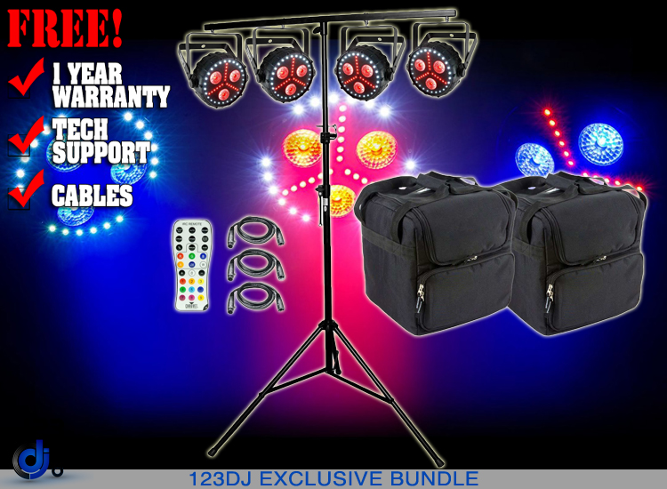 (4) Chauvet DJ FXpar 3 Compact Effect Par Lights with Lighting Stand, Remote & Cases Package