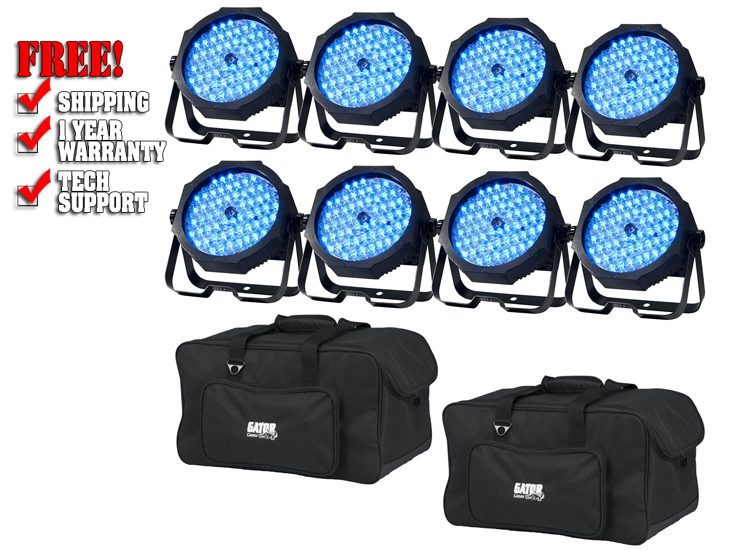 ADJ American DJ Mega Go Par64 Plus RGB+UV Light 8-Pack w/ Gator Bags