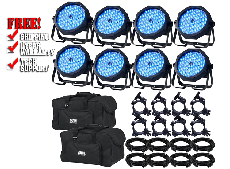 ADJ American DJ Mega Go Par64 Plus RGB+UV 8-Pack w/ Gator Bags & Accessories