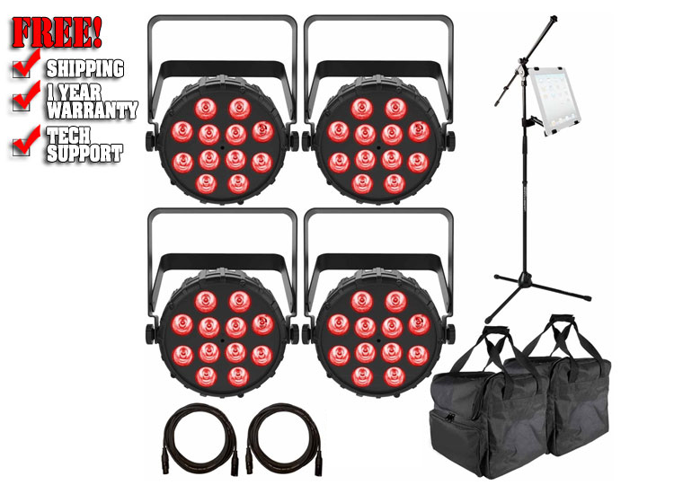 (4) Chauvet DJ SlimPAR T12 BT Bluetooth Wash Lights with Ultimate Support iPad Holder & Microphone Stand Package 