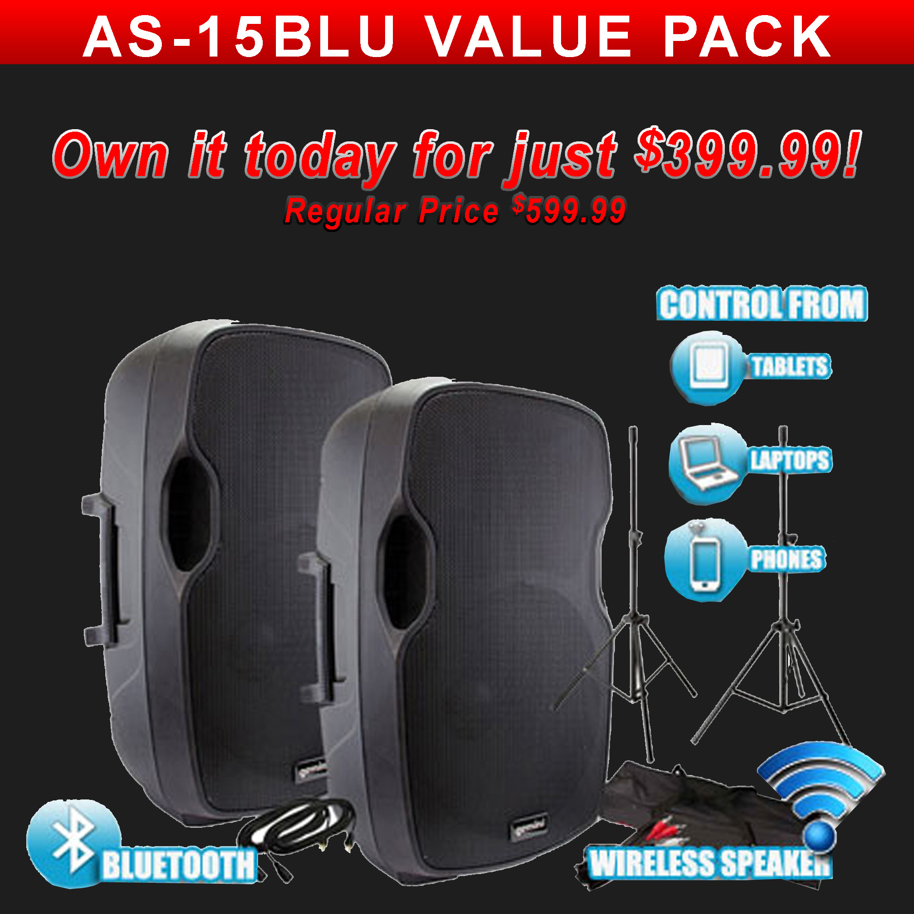 Gemini AS-15BLU 15-inch Active Loudspeaker with USB /SD / Bluetooth Value Pack