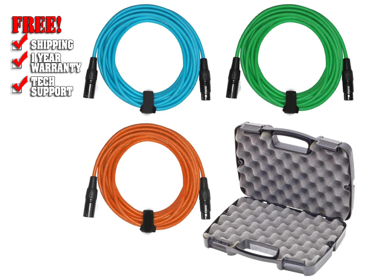 Sure-Fit 20ft Blue, Green & Orange XLR Male to XLR Female Cables (3 Pack) + Case