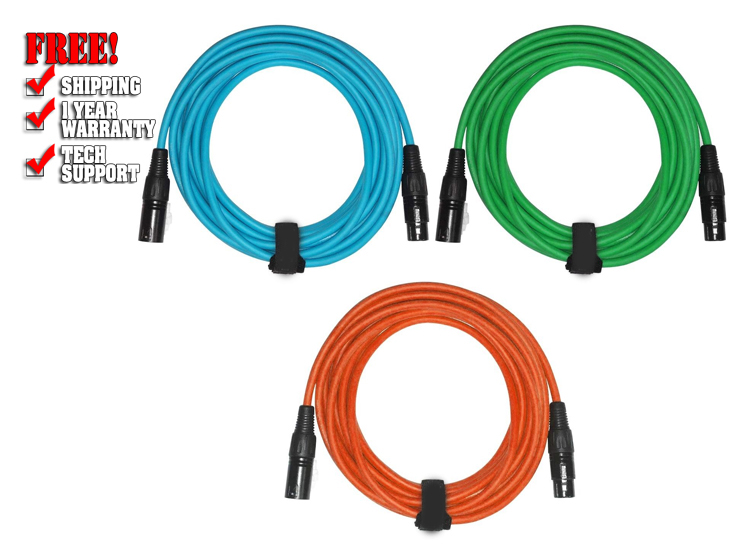 Sure-Fit 20ft Blue, Green & Orange XLR Male to XLR Female Cables (3 Pack)