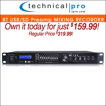 Technical Pro Bluetooth USB/SD Preamp Mixing Recorder w/2 Mic Inputs+9 Band EQ