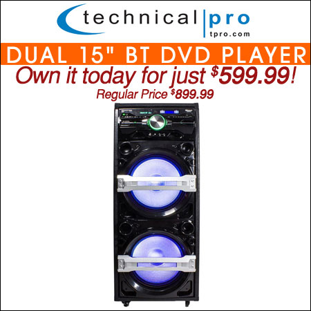 Technical Pro Professional Dual 15" Entertainment Center with Bluetooth and Built-in DVD Player