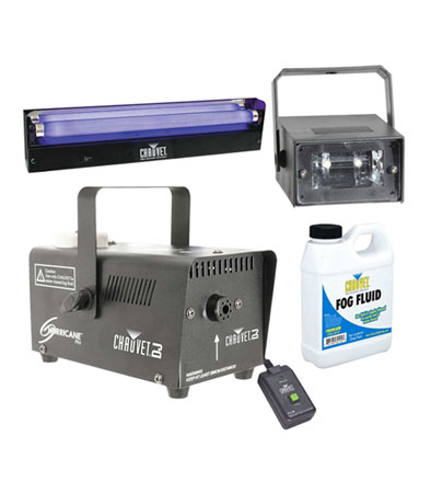 Chauvet DJ Hurricane 700 Fog Machine with 18" Blacklight Fixture & Party Mini LED Strobe Light Package