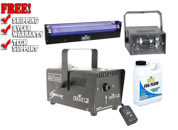 Chauvet DJ Hurricane 700 Fog Machine with 18" Blacklight Fixture & Party Mini LED Strobe Light Package
