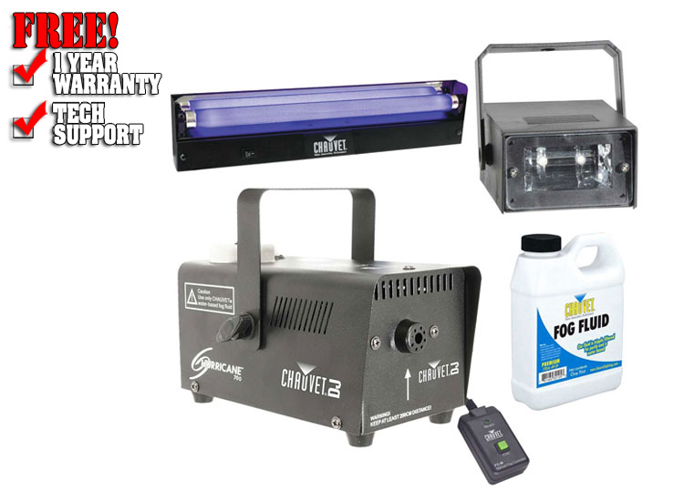 Chauvet DJ Hurricane 700 Fog Machine with 18" Blacklight Fixture & Party Mini LED Strobe Light Package
