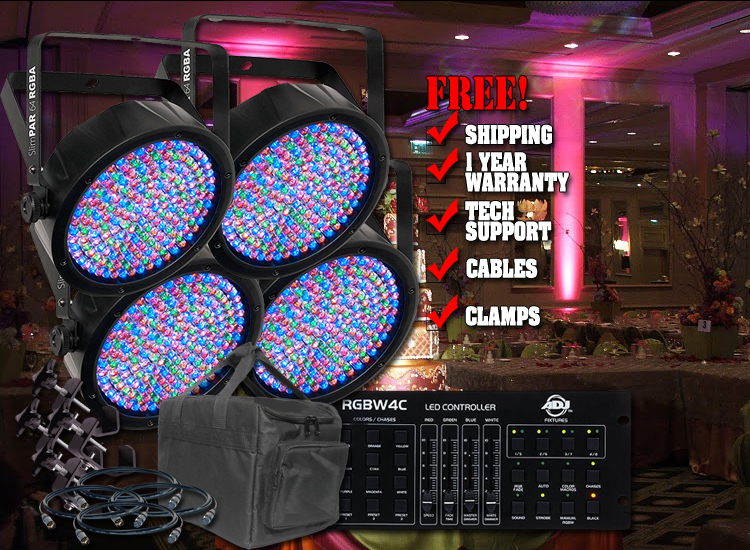 Chauvet Slim 64 Complete Four Pack LED Par Can System with Controller, Bag, Clamps and Cables