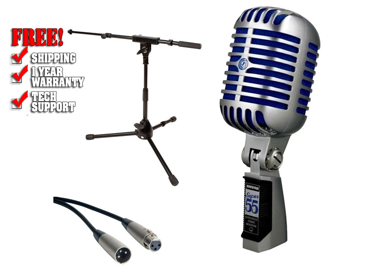 Shure Super 55 Deluxe Vocal Microphone & Tripod Mic Stand with Fixed-length Boom Package