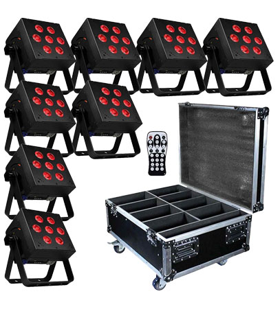 (8) Blizzard Lighting SkyBox EXA RGBAW+UV LED Par Lights & Case Package