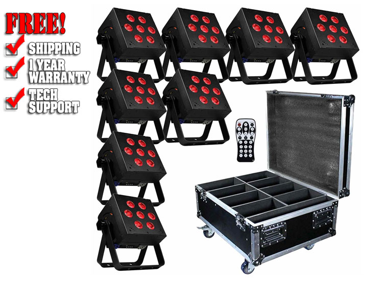 (8) Blizzard Lighting SkyBox EXA RGBAW+UV LED Par Lights & Case Package