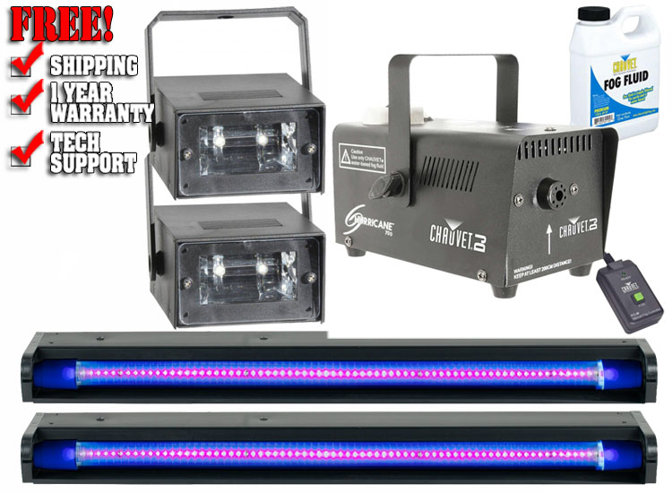 (2) American DJ UVLED 24 2-Foot Black Light Bars with 48x SMD UV LEDs with Strobe & Fog Machine
