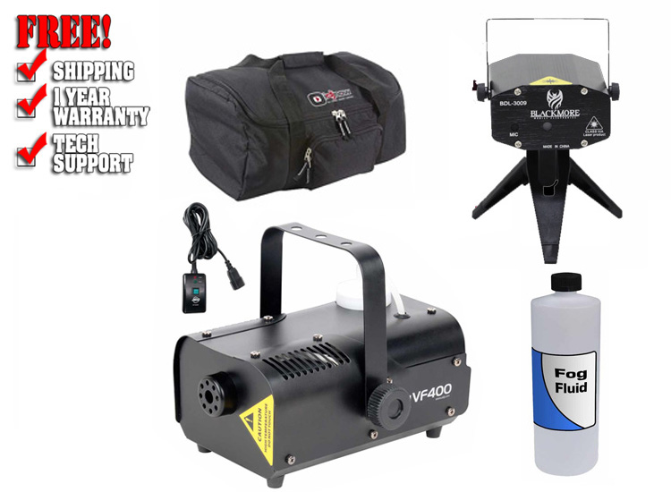 American DJ VF400 Fog Machine & BlackMore BDL-3034 Laser w/Fluid & Case Package
