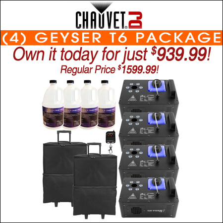 (4) Chauvet DJ Geyser T6 Vertical Fog Machines with Fog Fluid and Carry Cases Package