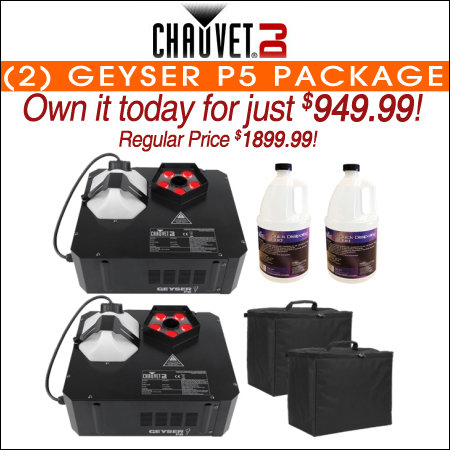  (2) Chauvet DJ Geyser P5 LED Fog Machines with Quick Dissipating Fog Fluid and Padded Carry Cases Package