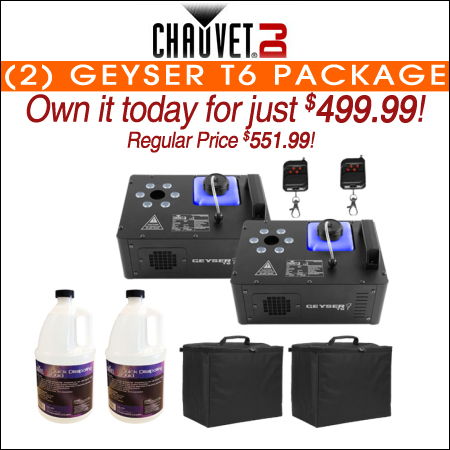 (2) Chauvet DJ Geyser T6 Vertical Fog Machines with Fog Fluid and Carry Cases Package