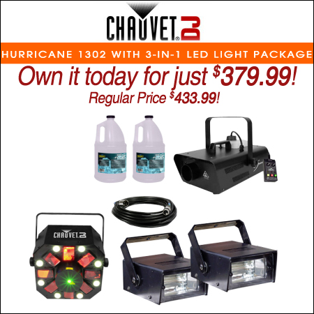 Chauvet DJ Hurricane 1302 Water-Based Fog Machine with 3-In-1 LED Effect Light & Strobe Lights Package