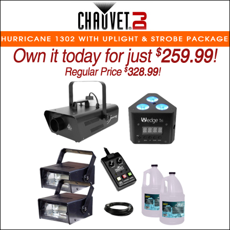 Chauvet DJ Hurricane 1302 Compact Water-Based Fog Machine with LED Uplight & Strobe Lights Package