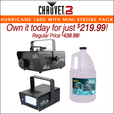 Chauvet DJ Hurricane 1600 H1600 Fog Machine +Mini Strobe LED Light +Fluid Gallon