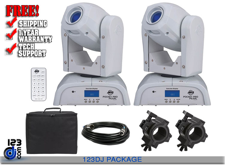 (2) American DJ Pocket Pro Pearl LED White Mini Moving Heads with Universal Remote & Carry Bag Package