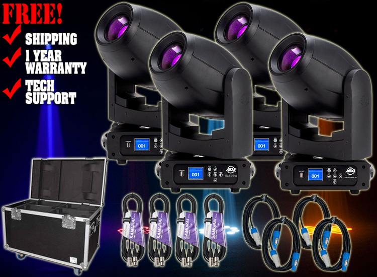 (4) American DJ Focus Spot 4Z 200W LED Moving Head Spot Fixtures with Road Case Package