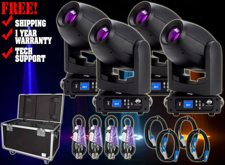 (4) American DJ Focus Spot 4Z 200W LED Moving Head Spot Fixtures with Road Case Package