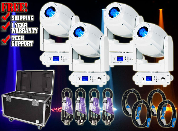 (4) American DJ Focus Spot 4Z Pearl Moving Head Spot Fixtures with Road Case Package