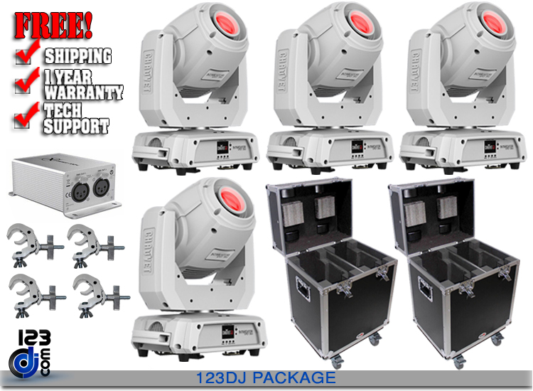 4x Chauvet Intimidator Spot 360 White Moving-Head w DMX interface with Case & Clamps