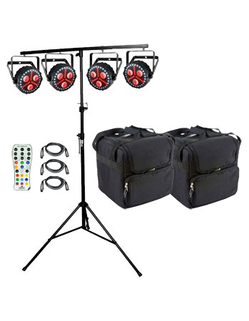 (4) Chauvet DJ FXpar 3 Compact Effect Par Lights with Lighting Stand, Remote & Cases Package