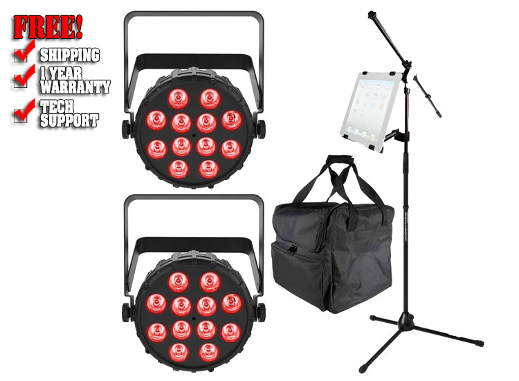 (2) Chauvet DJ SlimPAR T12 BT Bluetooth Wash Lights with Ultimate Support iPad Holder & Microphone Stand Package 