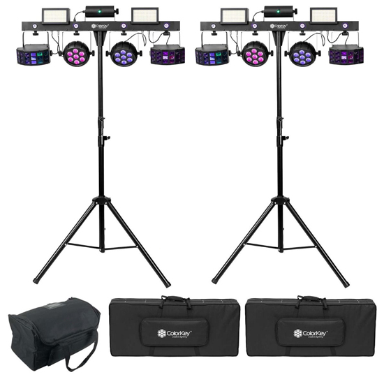 (2) ColorKey CKU-3100 PartyBar Pro 1000 with Red & Green Lasers, 2 LED Blinders, Stands, Carrying Cases & Transport Bag Package