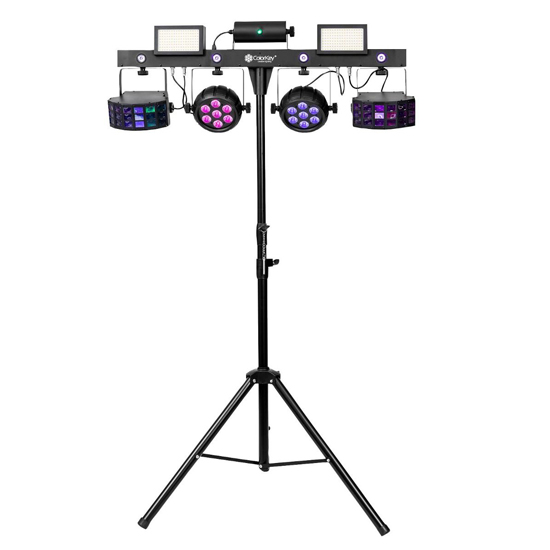 (2) ColorKey CKU-3100 PartyBar Pro 1000 with Red & Green Lasers, 2 LED Blinders, Stands, Carrying Cases & Transport Bag Package
