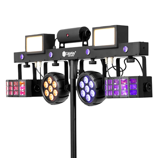 (2) ColorKey CKU-3100 PartyBar Pro 1000 with Red & Green Lasers, 2 LED Blinders, Stands, Carrying Cases & Transport Bag Package