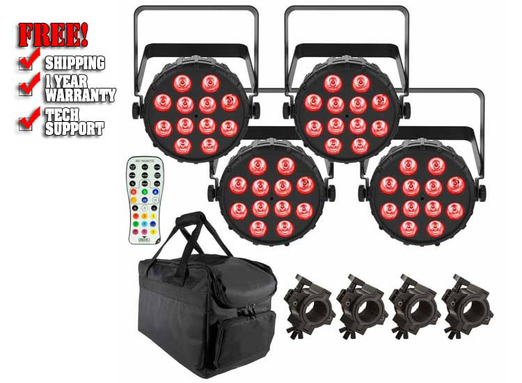 (4) Chauvet DJ SlimPAR T12 BT Bluetooth Wash Lights with Infrared Remote Control & Carry Bag Package 