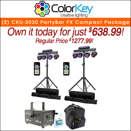 (2) ColorKey CKU-3030 PartyBar FX Compact Lighting with Chauvet DJ Hurricane 700 Fog Machine Package