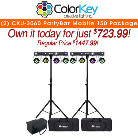 (2) ColorKey CKU-3060 PartyBar Mobile 150 with Stands, Carrying Cases & Transport Bag Package