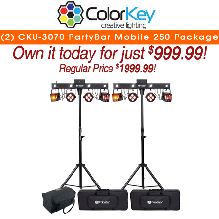 (2) ColorKey CKU-3070 PartyBar Mobile 250 with Red & Green Lasers, Stands, Carrying Cases & Transport Bag Package