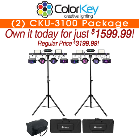 (2) ColorKey CKU-3100 PartyBar Pro 1000 with Red & Green Lasers, 2 LED Blinders, Stands, Carrying Cases & Transport Bag Package