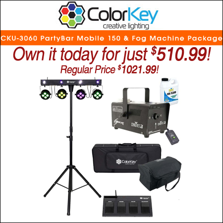 ColorKey CKU-3060 PartyBar Mobile 150 with Footswitch Controller & Fog Machine Package
