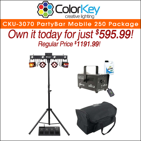ColorKey CKU-3070 PartyBar Mobile 250 with Footswitch Controller & Fog Machine Package