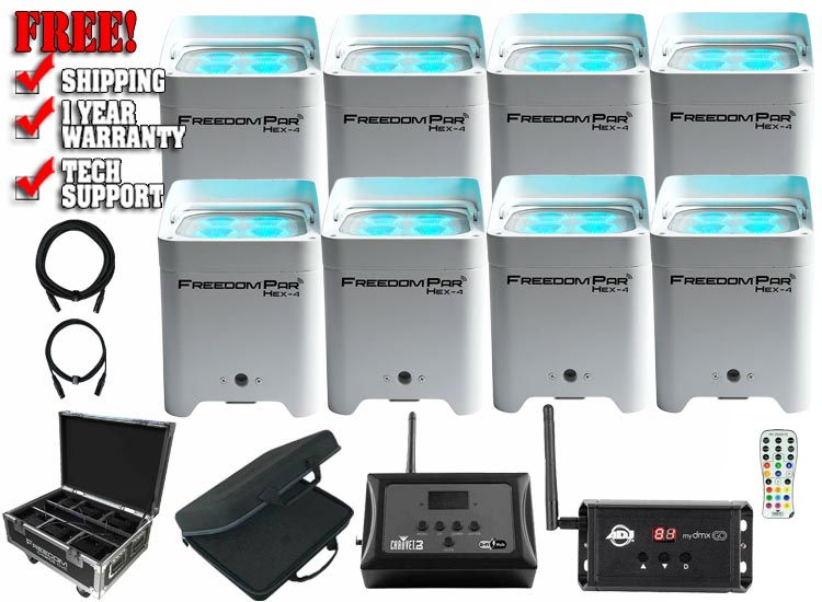 (8) Chauvet DJ Freedom Par Hex-4 White Wireless LED Wash Light with Charging Case Pack