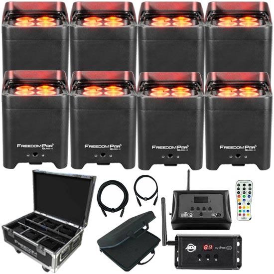 (8) Chauvet DJ Freedom Par Quad-4 Black Wireless LED Wash Light with Charging Case Pack