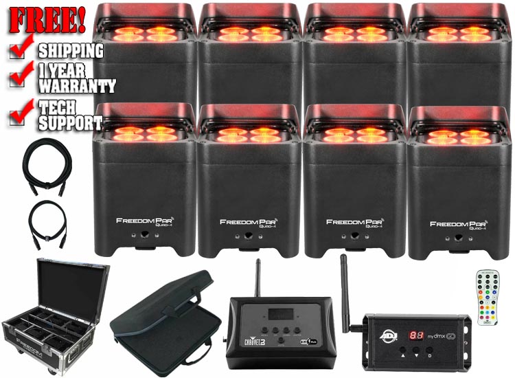 (8) Chauvet DJ Freedom Par Quad-4 Black Wireless LED Wash Light with Charging Case Pack