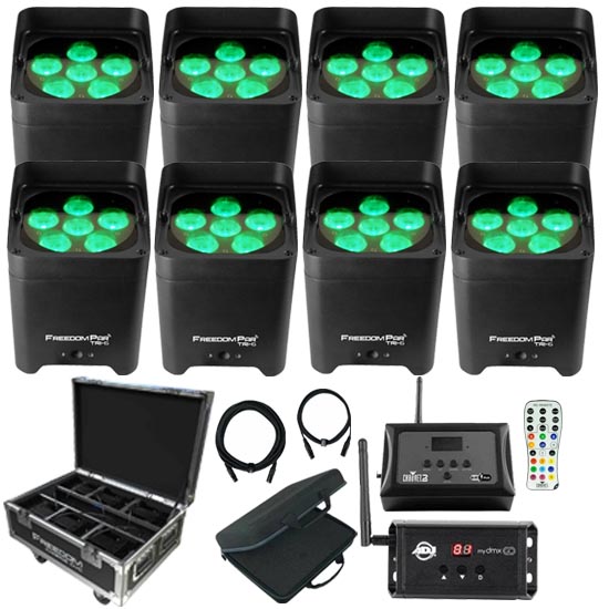 (8) Chauvet DJ Freedom Par Tri-6 Wireless RGB LED Wash Light with Charging Case Pack